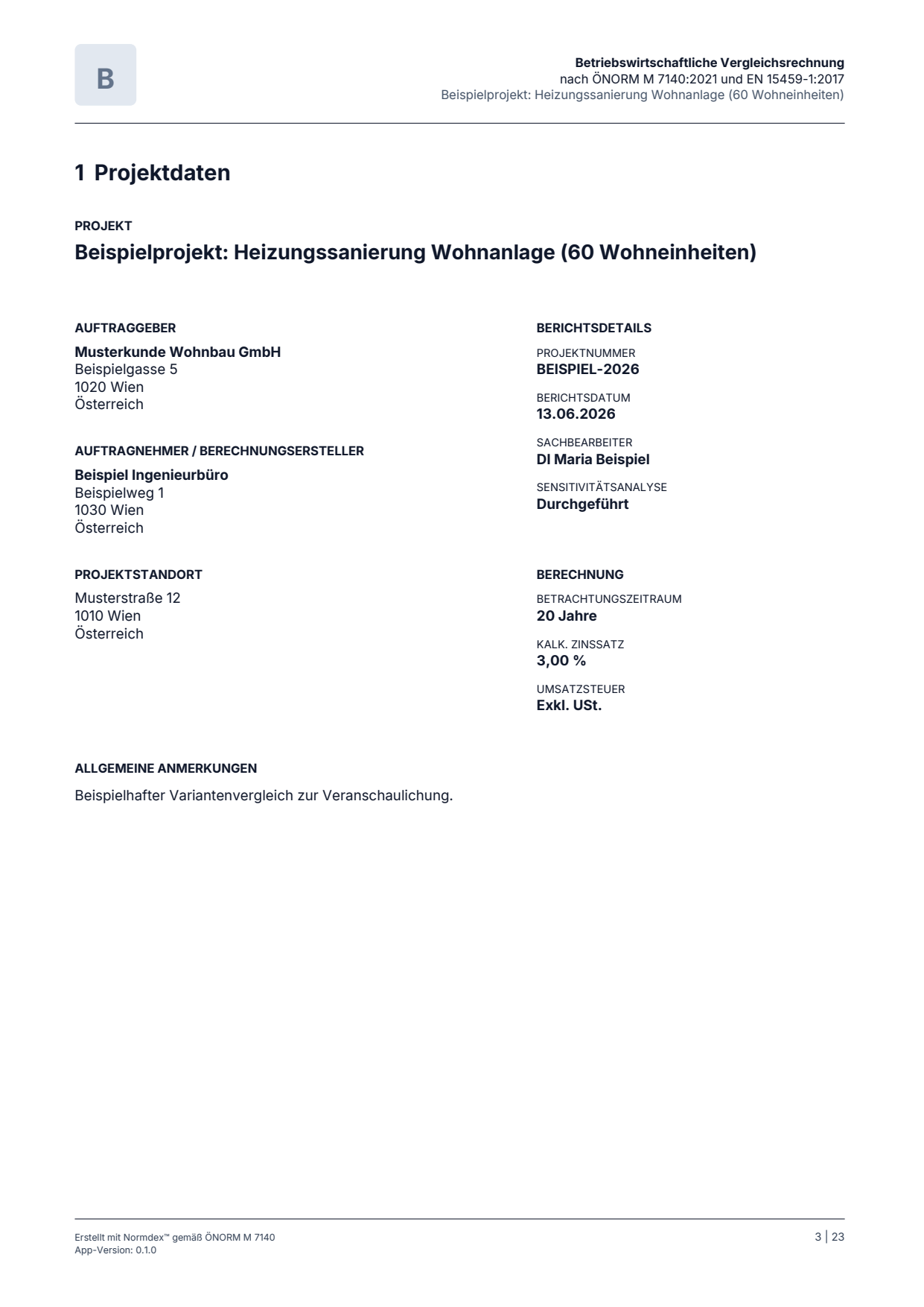 Beispielbericht, Seite: Projektdaten